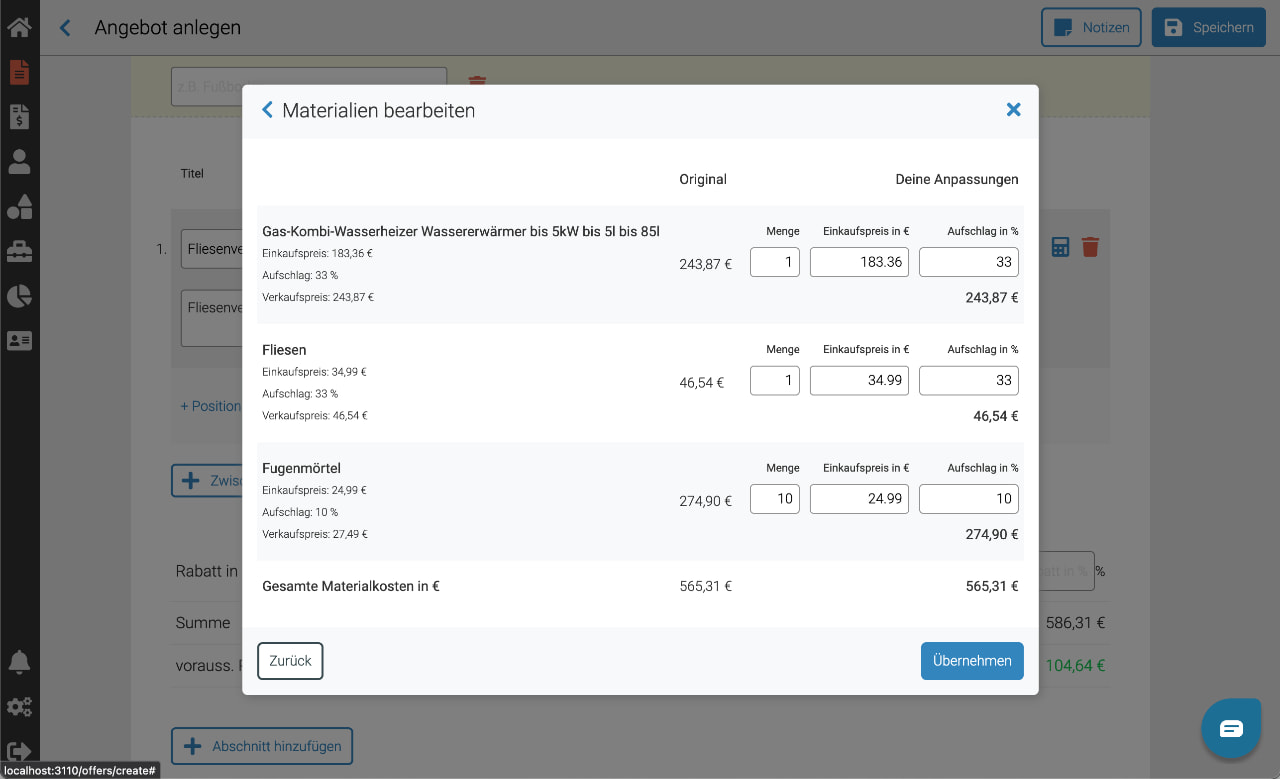 Mit Hawepro Materialien bearbeiten