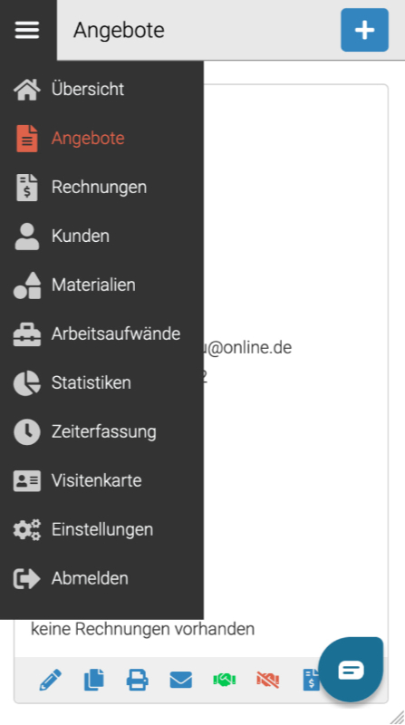 Menü der Handwerkersoftware im Handy