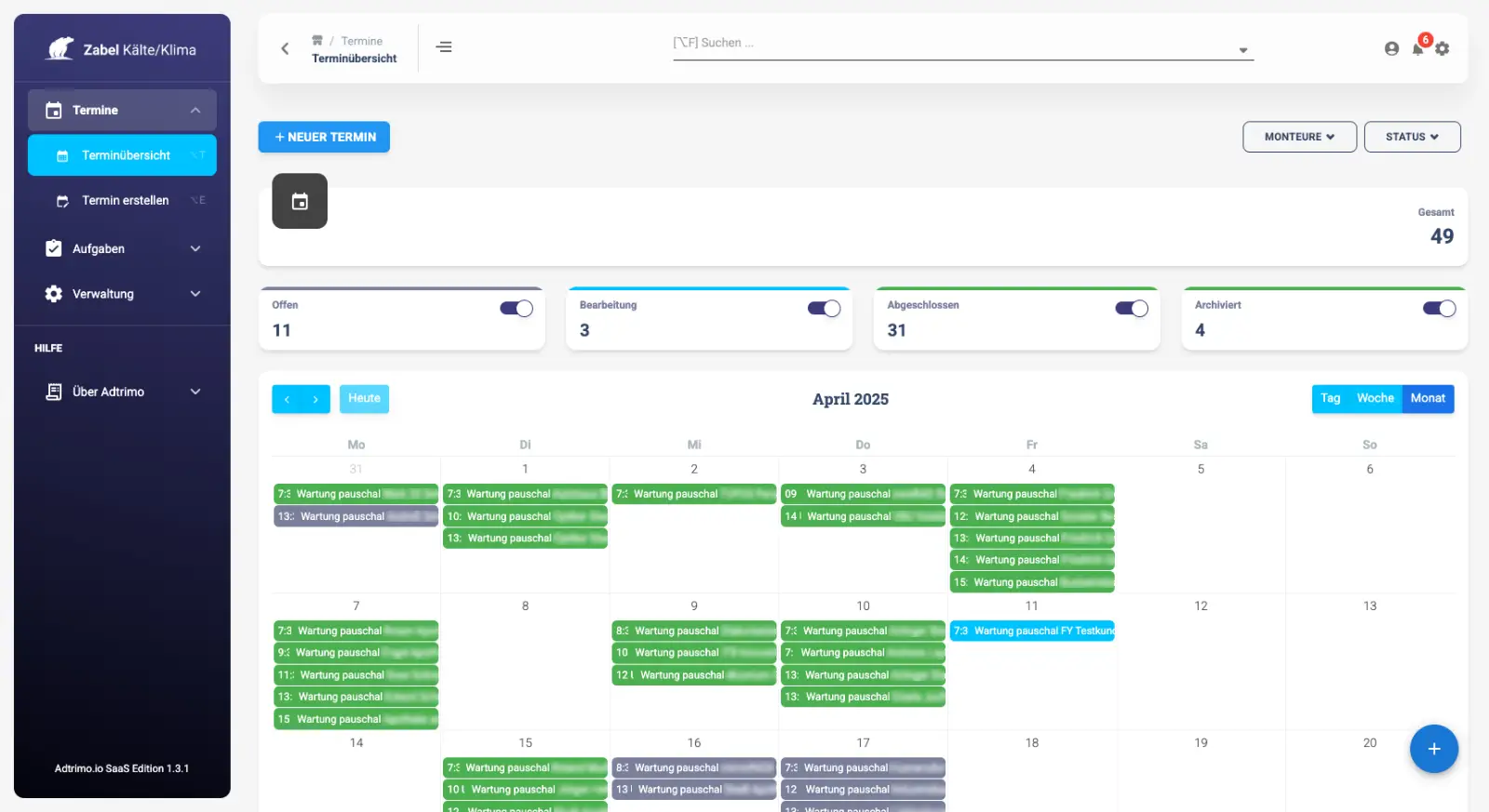 Dashboard zur Terminplanung in adtrimo